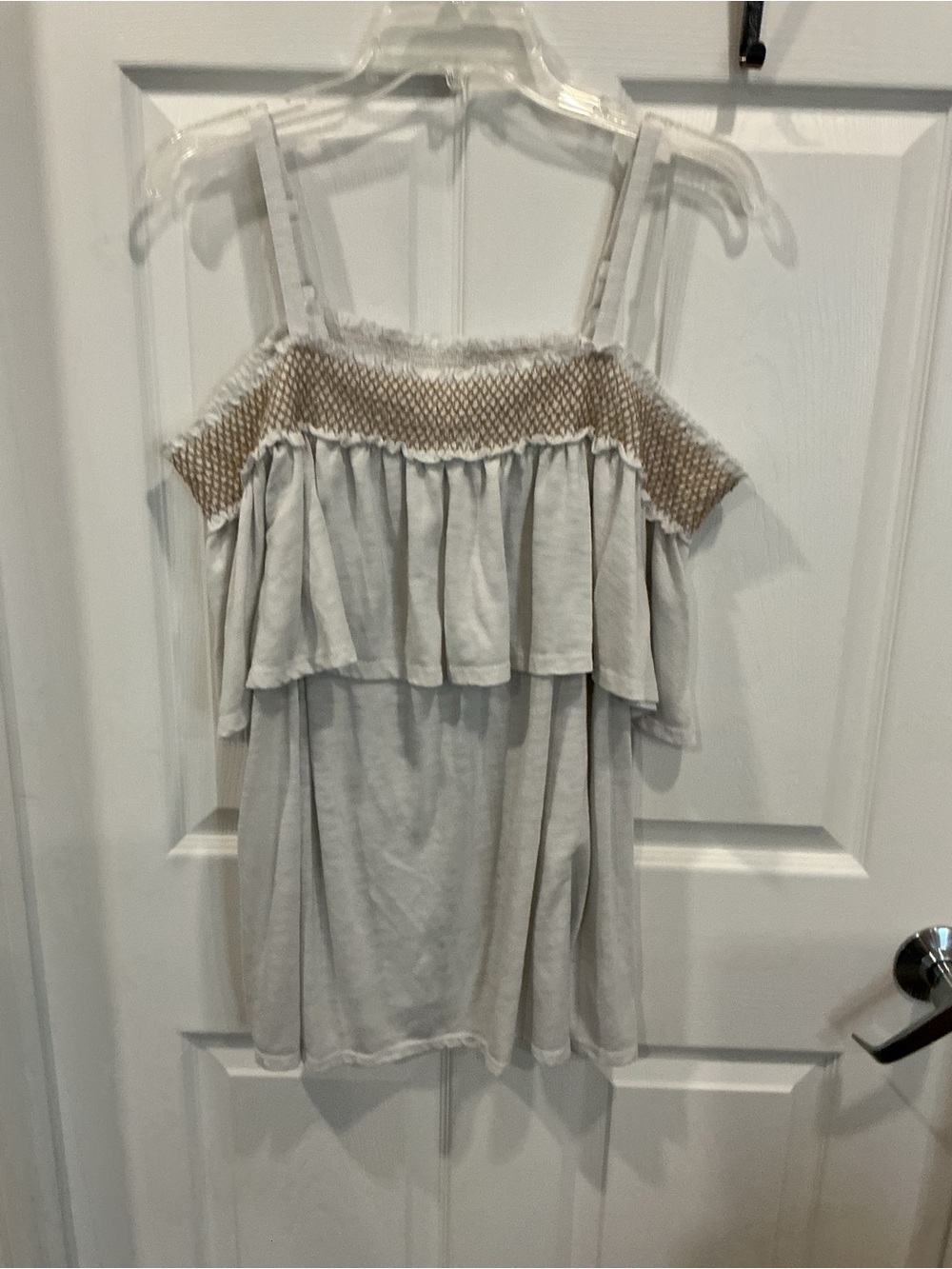 Off-Shoulder Ruffle Tank Top in Light Gray with Tan Trim